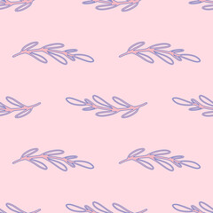Fototapeta na wymiar Tropic seamless hand drawn pattern with blue contoured branches silhouettes. Pastel pink background.