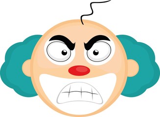 Vector emoticon illustration of the head of a cartoon clown with an angry expression