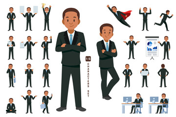 businessman character set 5 in five head to body ratio scale. Working and general situation pose of African staff.
