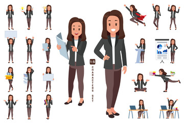 Fototapeta premium business woman wear suit character collection 2 in five head to body ratio scale. Working and general situation pose of staff.