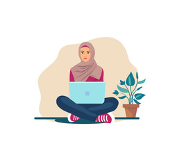 Fototapeta na wymiar hijab woman sitting on the floor on the carpet with a laptop. Muslim woman wearing hijab sitting on carpet works with laptop modern flat cartoon design vector. 
