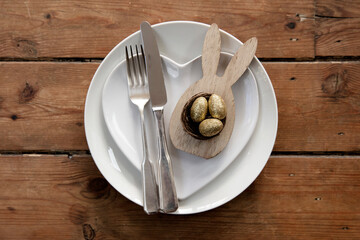 Happy easter celebration background. Decorated table with blank menu