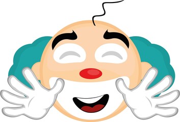 Vector emoticon illustration of the head of a cartoon clown with a happy expression and greeting with his hands