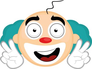 Obraz premium Vector illustration of the head of a cartoon clown with a happy expression making a gesture with his hands of the symbol of peace and love
