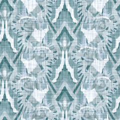Aegean teal tonal damask linen texture background. Summer coastal living style home decor fabric effect. Sea green washed out grunge distressed tapestry material. Decorative textile seamless pattern

