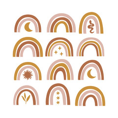Obraz premium Celestial, mystical modern rainbow vector set. Moon, stars, moon phase, sun, snake. Boho Illustration isolated on white. Wall art, t shirt print, card, poster for nursery room, kids and baby clothes