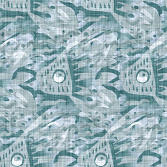 Aegean teal mottled fish linen texture background. Summer coastal living style 2 tone fabric effect. Sea green wash distress grunge material. Decor swimming fishes motif textile seamless pattern

