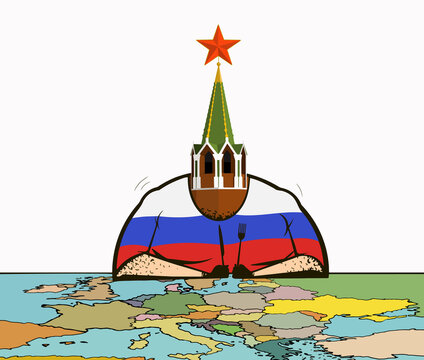 The Concept Of The Russian Federation's Aggression. The Annexation Of Crimea, An Attack On Ukraine. A Fat Man With A Kremlin Tower Instead Of A Head With A Fork And A Knife Sit Over A Map Of Europe.