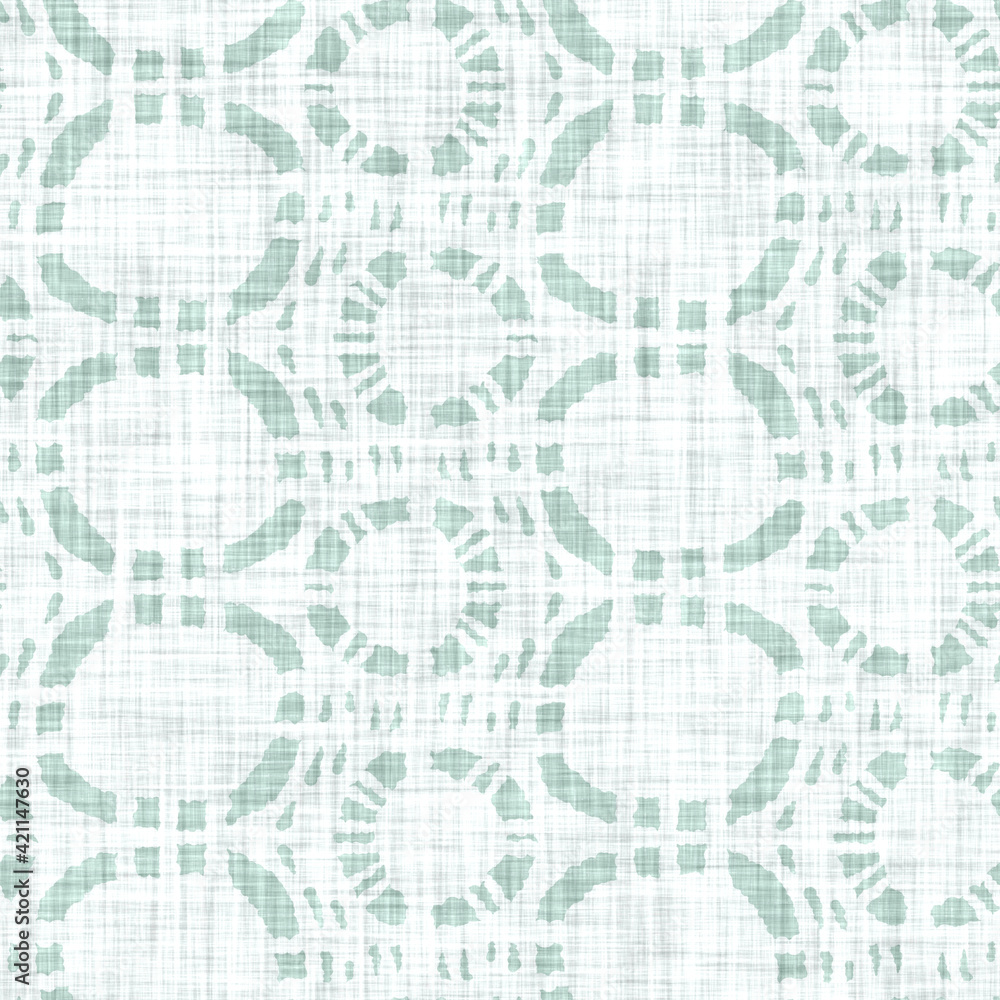 Wall mural 
Aegean teal mottled circle patterned linen texture background. Summer coastal living style home decor fabric effect. Sea green wash grunge distressed dot tile. Decorative textile seamless pattern
