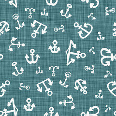 Aegean teal anchor patterned linen texture background. Summer coastal living style home decor fabric effect. Sea green wash grunge sailing fashion. Decorative maritime textile seamless pattern
