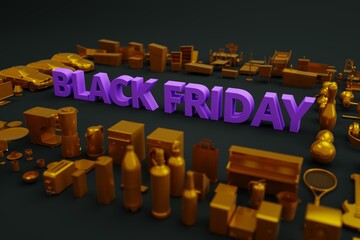 Black Friday banner on a dark background. Text-Black Friday, there are a lot of things and products around. 3D banner. Isometric image. Advertising on a black background. Side view