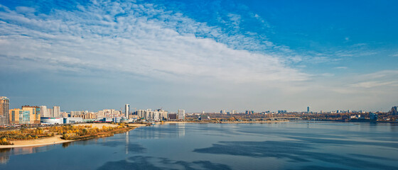 KAZAN, RUSSIA - OCTOBER 07, 2020: Panorama of Kazan, the river Kazanka and its banks