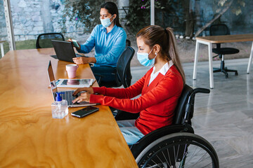 hispanic woman in wheelchair working with another woman colleague at workplace with facemask in...
