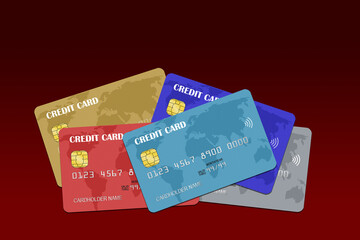 Several Credit Cards Stacked Isolated on Red Background