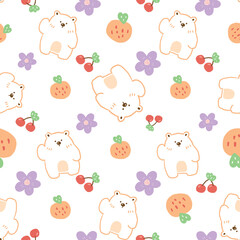 Fototapeta premium Seamless Pattern with Cartoon Bear, Cherry, Flower, Strawberry Illustration Design on White Background
