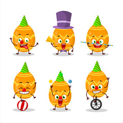 Cartoon character of orange easter egg with various circus shows