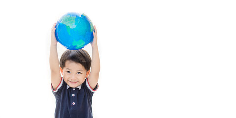 Earth day.World environment day.Child Kid Hands holding earth globe blue banner background.CSR.Big data research, Discovery, Planet, go green, Earth during coronavirus, hope, vaccine.Climate change.