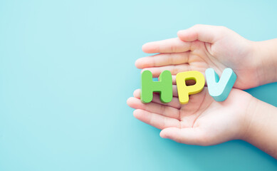 Human papilloma virus or HPV.HPV word on woman hands.Cancer.transmitted disease.Skin to skin...