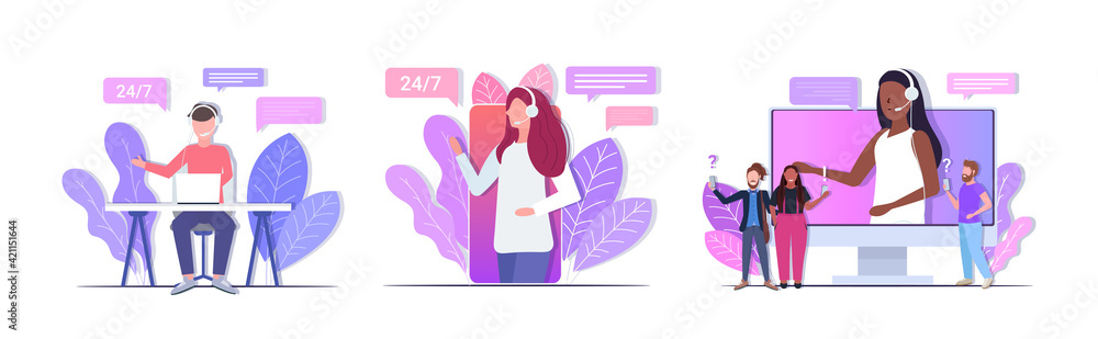 Poster set helpline operators with headset technical client support customer service call center concepts c