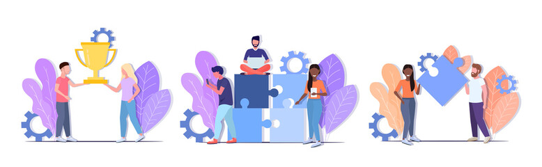set businesspeople brainstorming process holding golden trophy cup successful teamwork concepts collection men women coworkers team horizontal full length