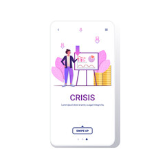 businesswoman presenting economic arrow falling down on flipchart financial crisis bankruptcy concept smartphone screen mobile app full length copy space