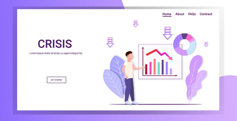 businessman presenting downward chart economic arrow falling down financial crisis bankruptcy business failure concept horizontal full length copy space