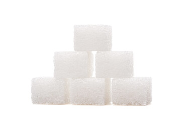 Sugar cubes on one another, isolated on white background.