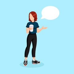 Vector flat illustration, character, mascot, young sporty woman, girl runner with cup of coffee, tea, drink, with saying bubble