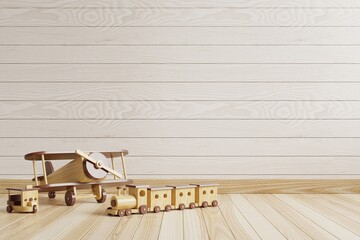 Children's room with empty wooden walls, beautiful patterns and toys on the floor.3d rendering.