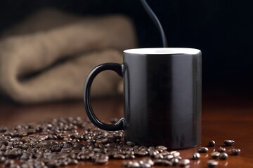A studio photo of steaming coffee in a cup and coffee beans.