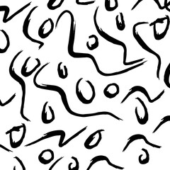 Black paint brush strokes vector seamless pattern. Hand drawn curved and wavy lines with grunge circles. brush scribbles decorative texture. Messy doodles, bold curvy lines illustration.