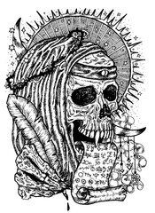 Black and white illustration with human skull wearing crown of thorns, in monk cloak with manuscript and quill. Mystic background for Halloween, esoteric, gothic, heavy metal or occult concept