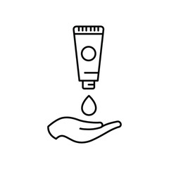 Hand applying lotion cream line icon. Simple outline style. Balm, skin care, pictogram, beauty symbol concept graphic design. Vector illustration isolated on white background. EPS 10.