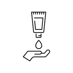 Hand applying lotion cream line icon. Simple outline style. Balm, skin care, pictogram, beauty symbol concept graphic design. Vector illustration isolated on white background. EPS 10.