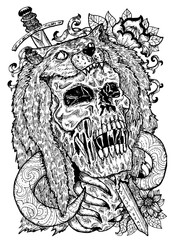 Fototapeta premium Black and white illustration with scary skull, beast coat and sword. Mystic background for Halloween, esoteric, gothic, heavy metal or occult concept