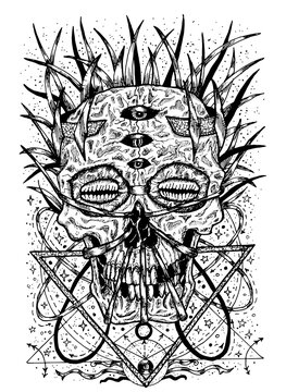 Black and white horror illustration with skull, tentacles and sacred geometry patterns. Mystic background for Halloween, esoteric, gothic, heavy metal or occult concept