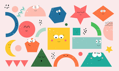 Set of cartoon basic geometric shapes with face smiling. Funny shapes educational material for preschool kids. Hand drawn trendy Vector illustration for kids. All elements are isolated