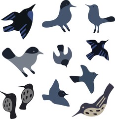 Set Different birds in vector illustration. Blue colors. Simple shapes, animals, wild life. 