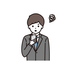 スマートフォンの操作で困っているスーツ姿の若い男性