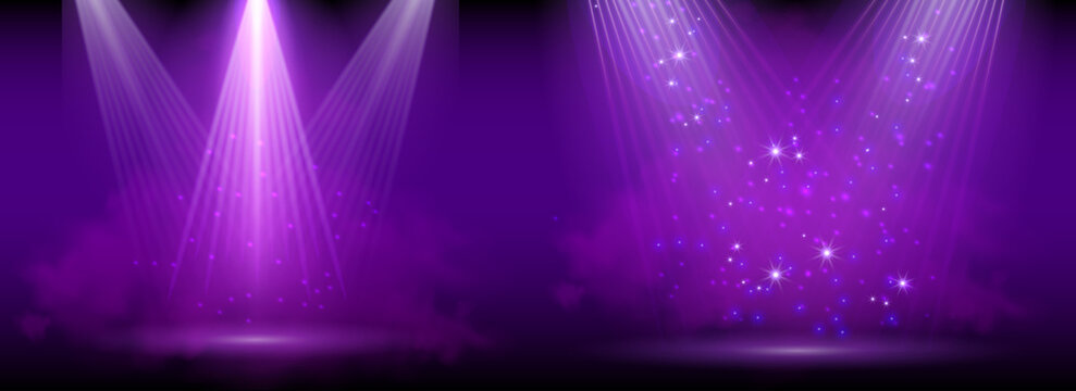 Purple spotlight. Set of bright lighting with spotlights of the stage with purple ducst on transparent background.