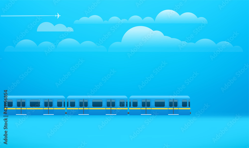 Poster retro train on the way. illustration with clouds