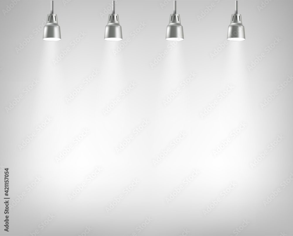 Poster Photorealistic illuminated stage with projectors. Presentation vector layout