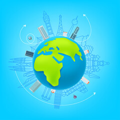 Naklejka premium World travel vector concept. illustration with sights