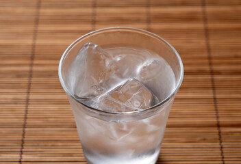 Shochu placed on a Japanese style wooden background.