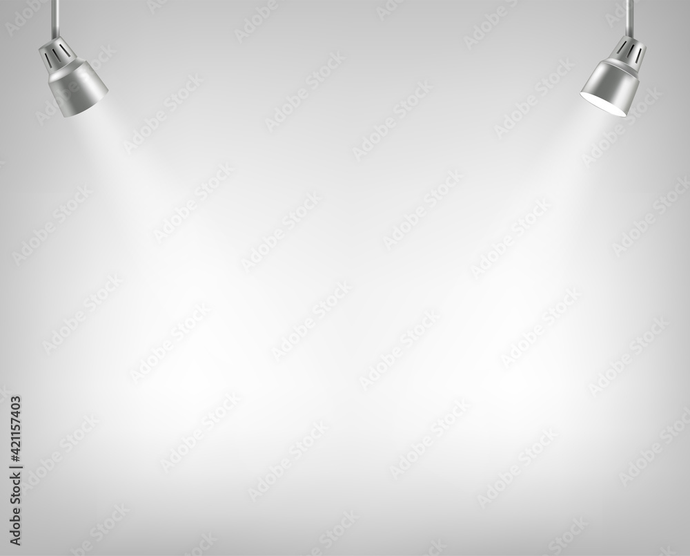 Poster Photorealistic illuminated stage with projectors. Presentation vector layout
