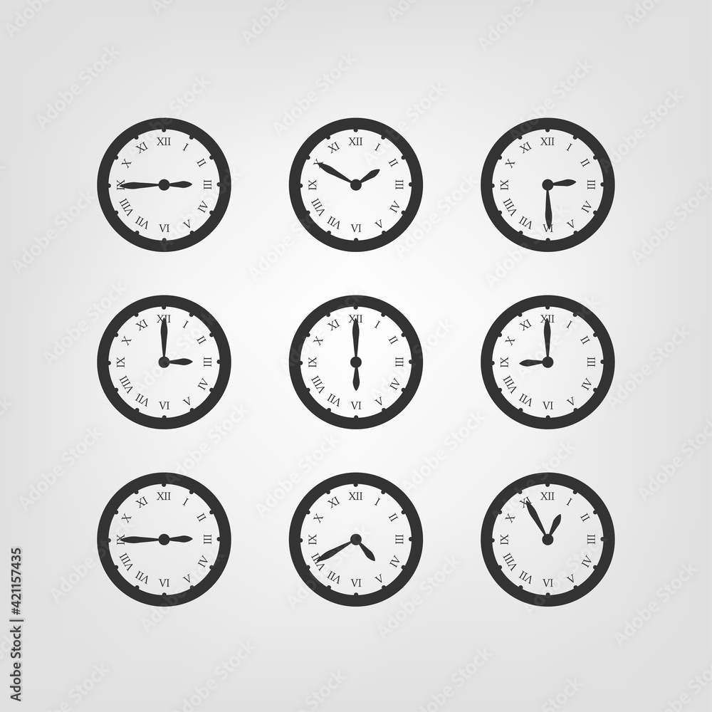 Poster retro style clock vector silhouettes isolated on white background