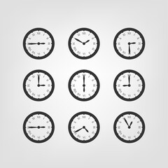 Retro style clock vector silhouettes isolated on white background