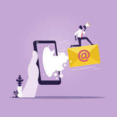 Digital online marketing and social media marketing concept, Businessman flying on envelope with email sign, electronic message express delivery, digital online marketing concept