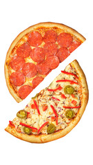 Pizza, two halves isolated on a white background. Versus concept. Appetizing pizza.
