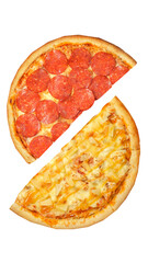 Pizza, two halves isolated on a white background. Versus concept. Appetizing pizza.